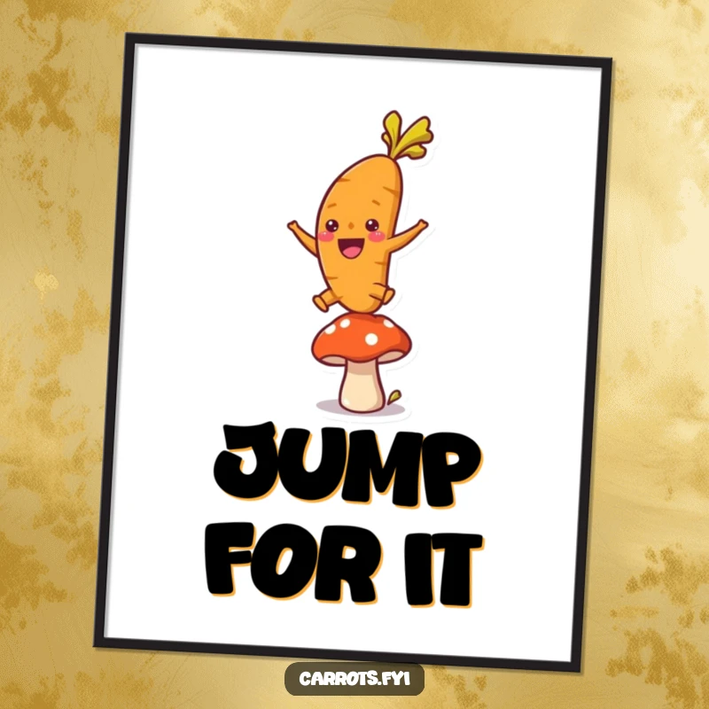 Funny digital art print showing a single, ecstatic carrot character leaping with abandon over a small mushroom, its joyful energy capturing attention.
