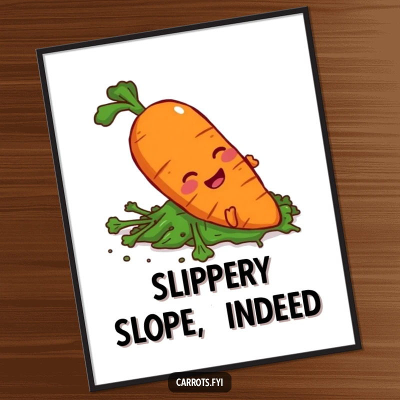 Funny carrot character slipping on greens, available as instant digital art for humorous decor.