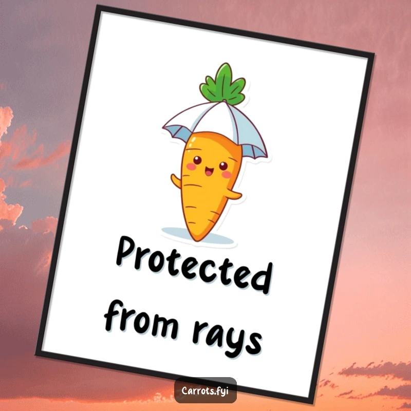Funny Carrot Digital Art: A high-resolution image of a happy carrot with a tiny umbrella, ready to print for adorable and humorous decor.