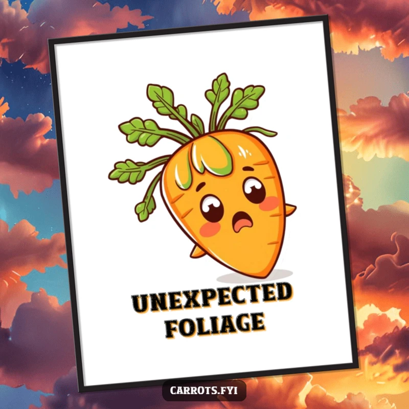 Funny digital art print of a carrot character looking shocked, with vibrant green leafy hair, ready for download and display.