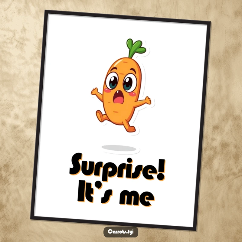 Funny carrot character leaping in surprise, available as instant digital art for humorous decor.
