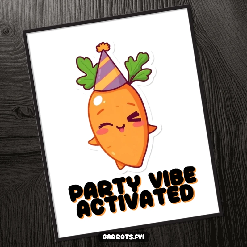 Funny digital art print of a winking carrot wearing a party hat, perfect for instant download and humorous decoration.