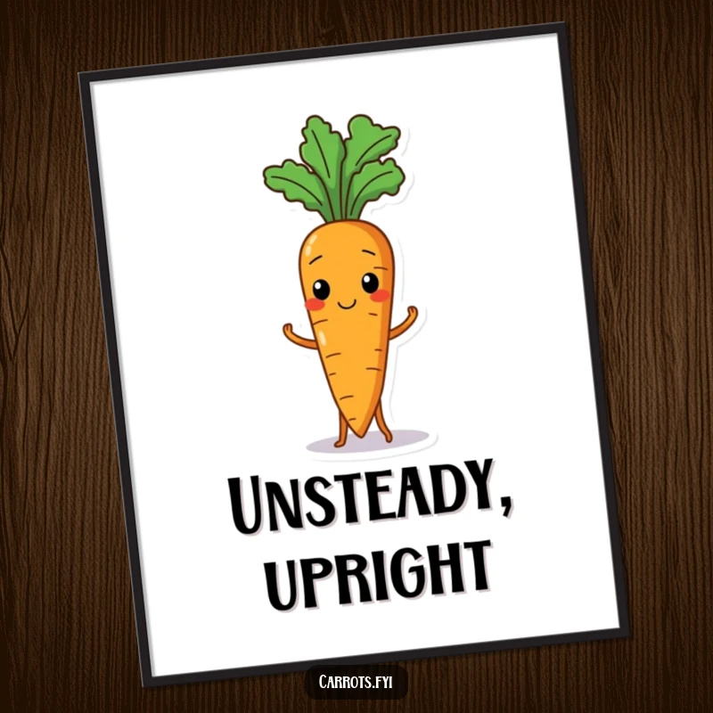 Funny digital art print of a wobbly carrot character humorously struggling to stand, ideal for instant humorous decor.