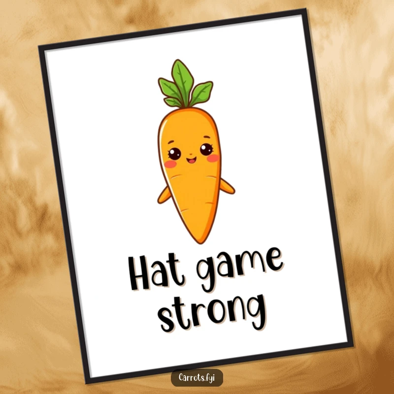Funny digital art print of a carrot character proudly wearing a tiny sprout hat, exuding confidence and unique style.