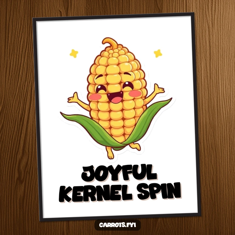Funny digital art print of an anthropomorphic corn kernel character spinning joyfully, ideal for humorous online sharing or display.