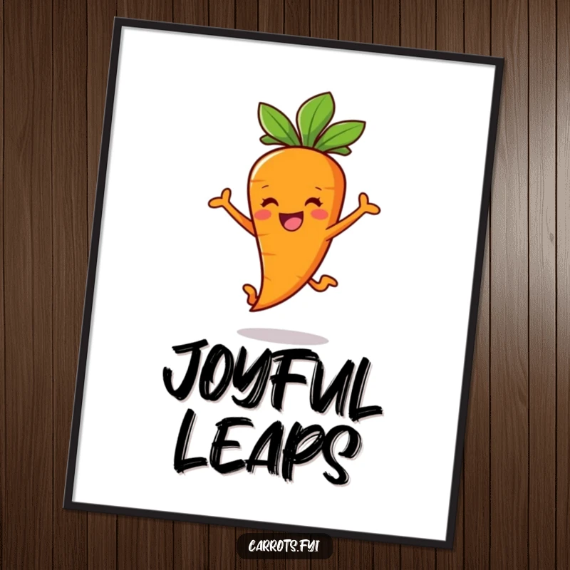Funny Carrot Stick Digital Art Print of a smiling carrot character joyfully leaping, radiating energy and cheer.