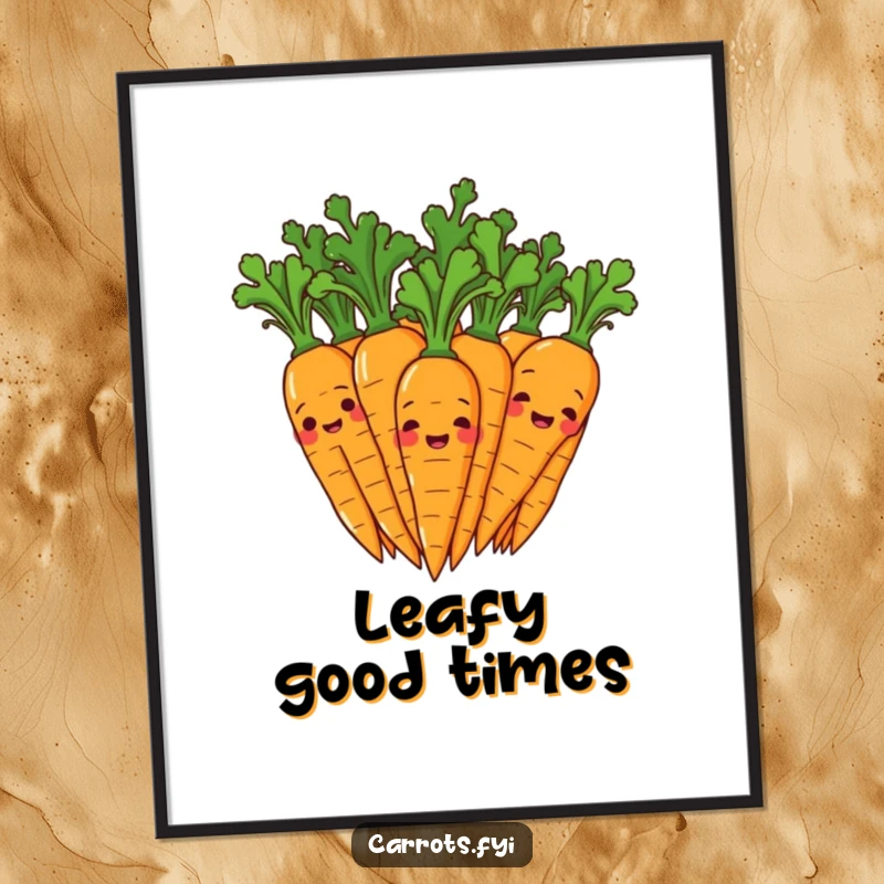 Funny digital art print showing a lively group of carrot characters giggling, their leafy tops wiggling energetically, conveying infectious humor and joy.