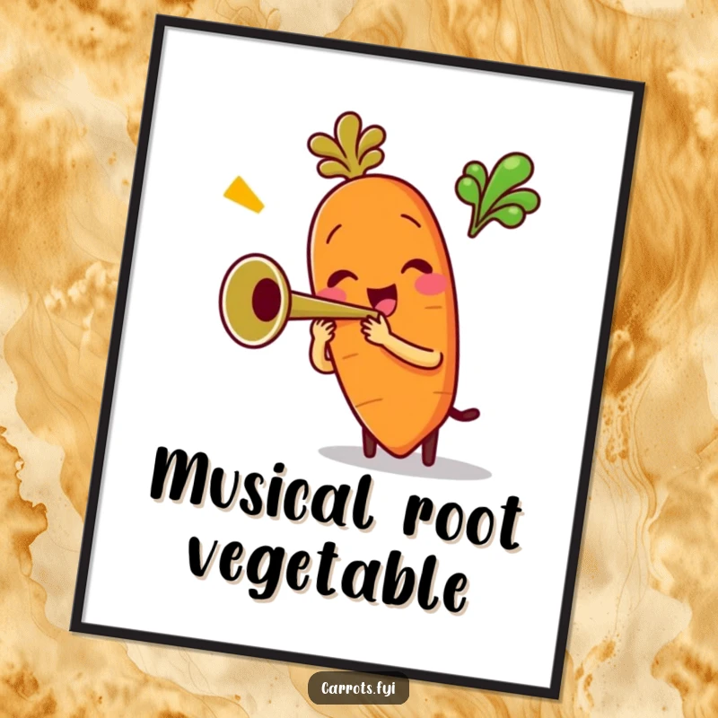 Funny digital art print of an anthropomorphic carrot character playing a miniature trumpet with cheerful enthusiasm, radiating musical joy and vibrant energy.