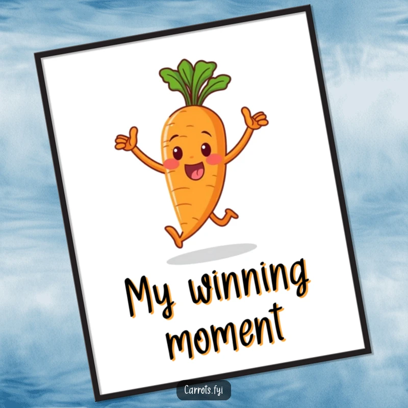 Funny digital art print of a whole carrot character taking a victorious stride, artfully capturing the essence of triumph and veggie humor.