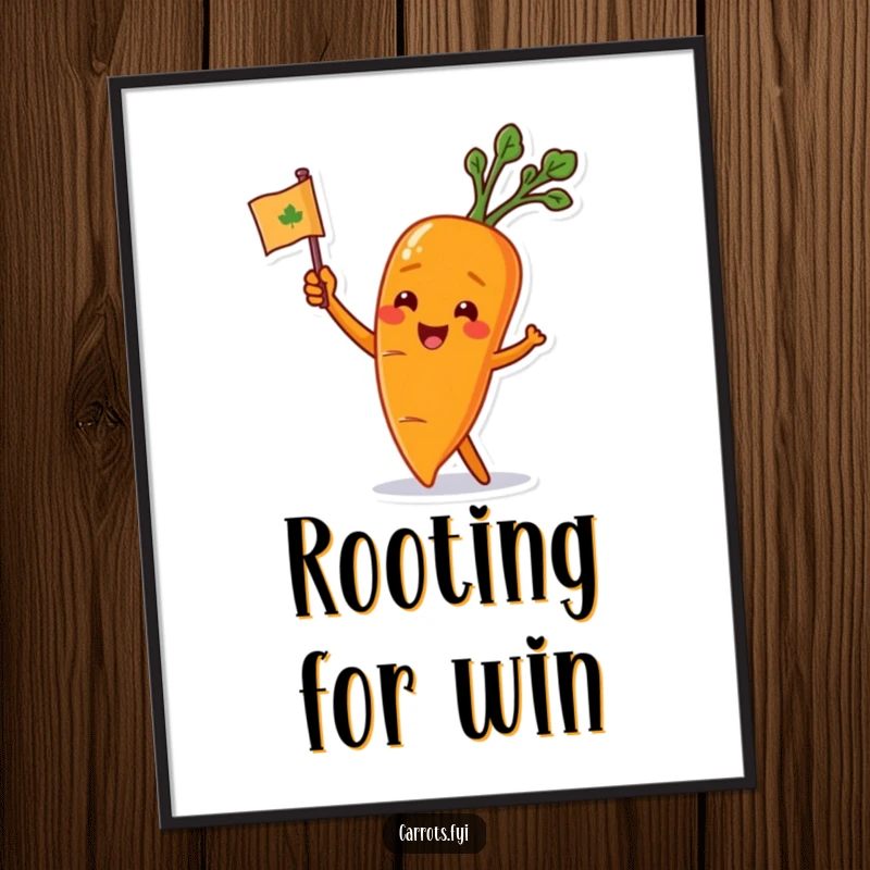 Funny carrot character waving a small, leafy flag, high-resolution digital art print, radiating pure enthusiasm and supportive energy.
