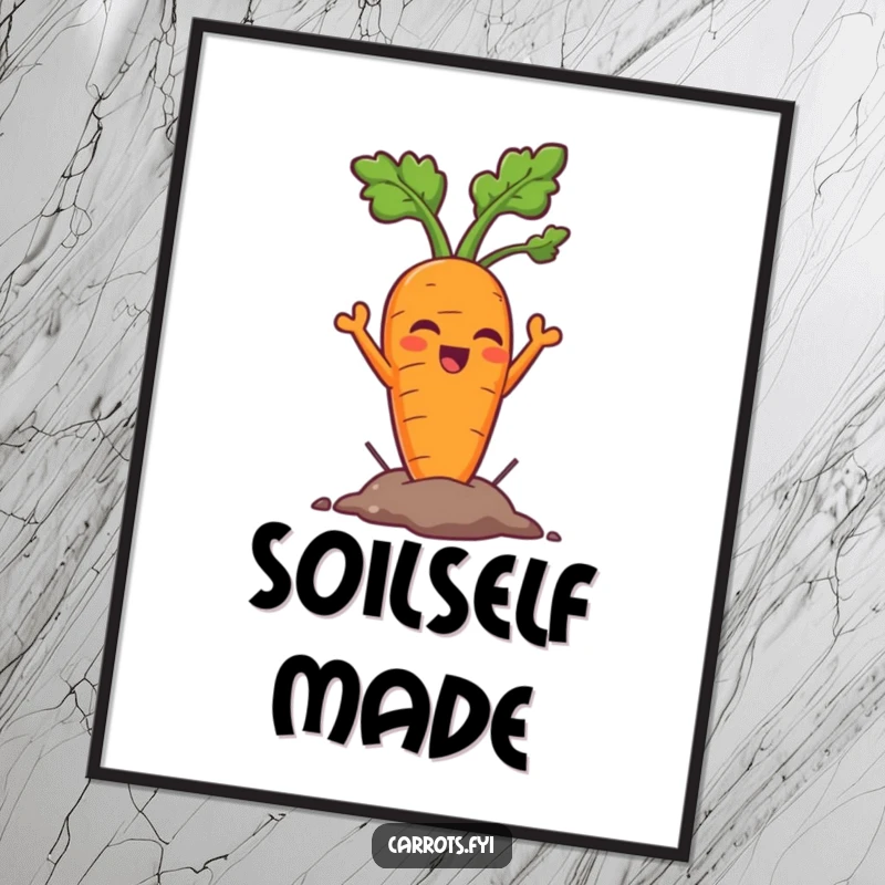 Funny carrot digital art print of a triumphant carrot character pulling itself from the ground, ready to inspire and amuse.