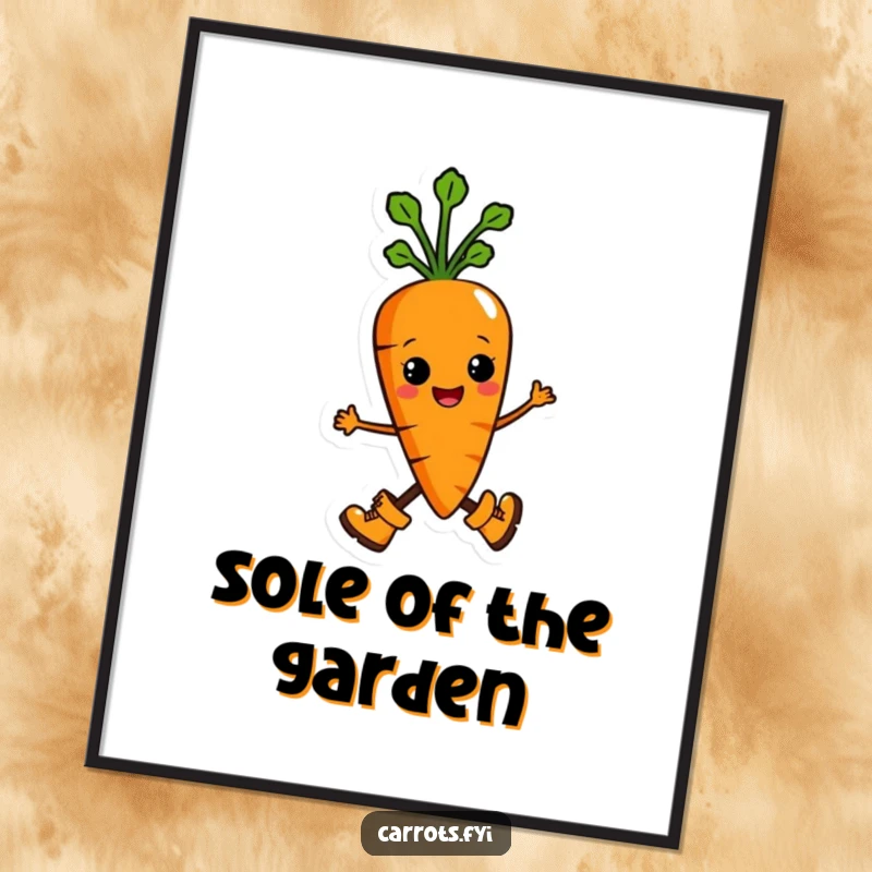 Funny digital art print of an anthropomorphic carrot character marching proudly in tiny boots, conveying determination and humor for impactful decor.