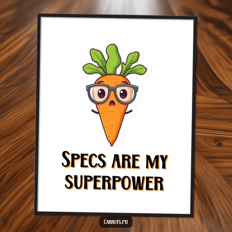 Funny digital art featuring a surprised carrot character in oversized spectacles, ready to add humor to any room.
