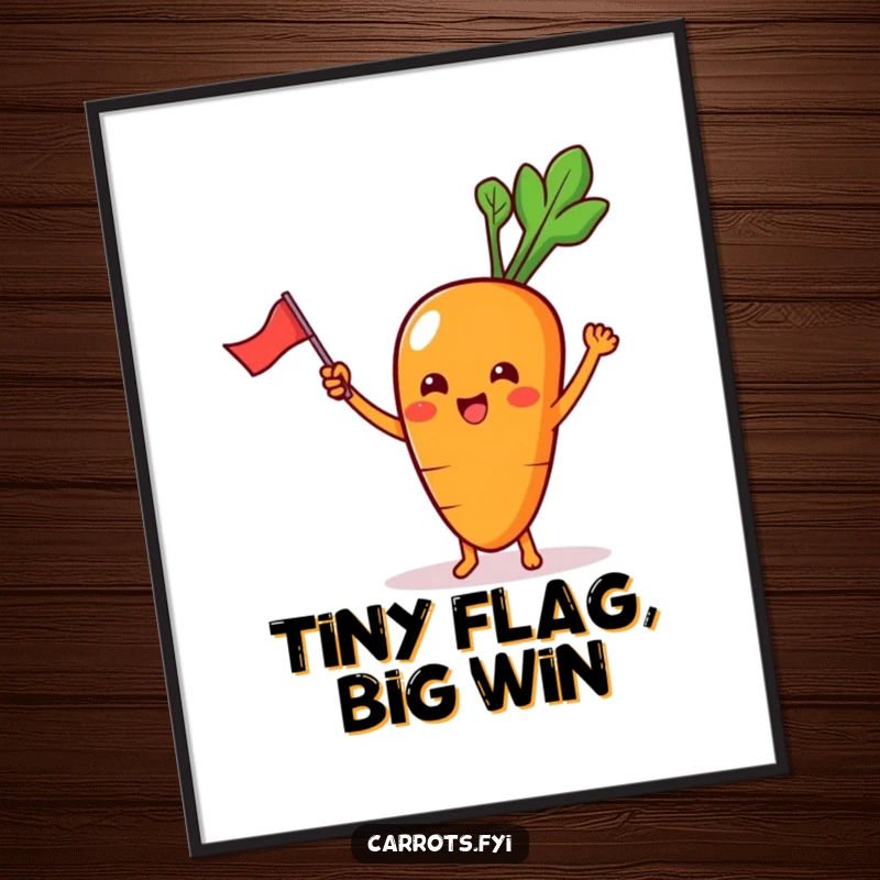 Funny Digital Art Print of a kawaii carrot character with tiny feet, excitedly waving a miniature flag, full of cheer.
