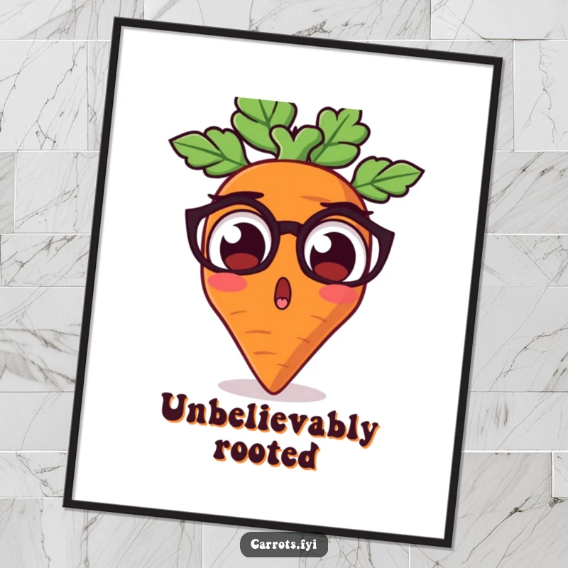 Funny digital art print of a carrot character with comically wide, earthy eyes, conveying a hilarious and expressive surprise.