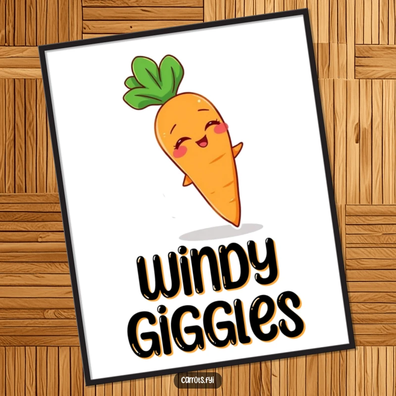 Funny digital art print of a carrot character giggling delightfully as it's caught in a gentle breeze.