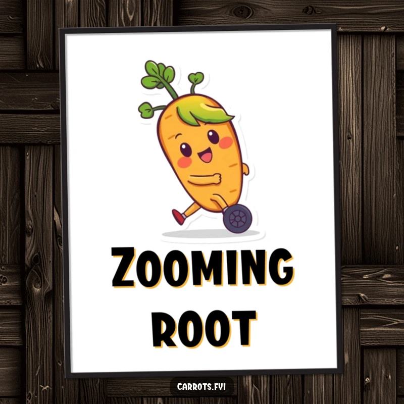 Funny digital art print of a happy carrot character with green hair zooming fast on tiny wheels, full of speed and playful energy.