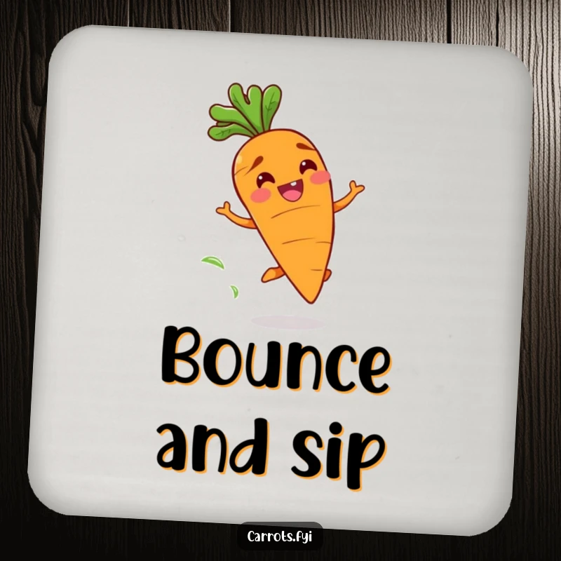 Funny drink coaster with a happy carrot character with a wide grin bouncing playfully, leaving a fresh scent trail, adding cheer.