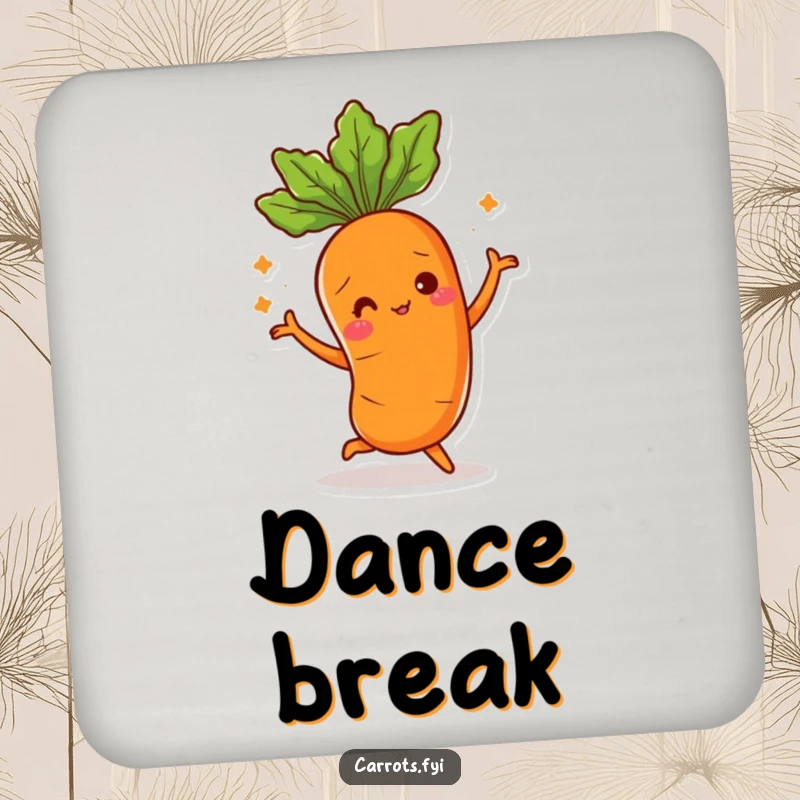 Funny drink coaster featuring a carrot character doing a silly dance, its leafy top moving, protecting surfaces with humor.