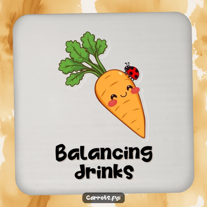 Funny coasters showcasing a smiling carrot with rosy cheeks, its tip balancing a tiny ladybug, embodying sweetness and gentle, heartwarming humor.