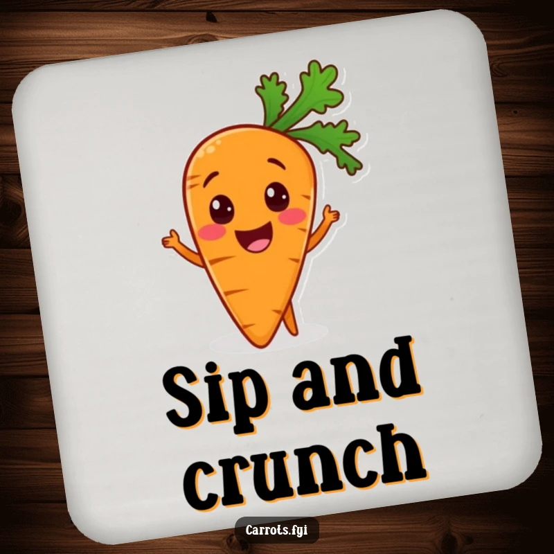 Funny coaster featuring an excited carrot character, ready to join a healthy meal, protecting surfaces with a grin.