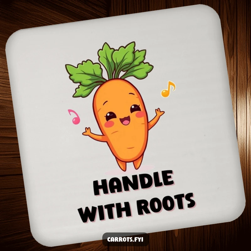 Funny drink coaster with a happy carrot character juggling its leafy green top, protecting surfaces with garden-themed humor.