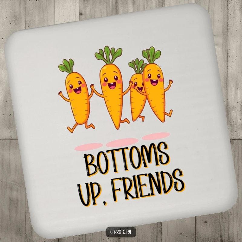 Funny drink coasters displaying a group of happy carrot characters in a synchronized jump, their wide grins adding a playful touch to surface protection.