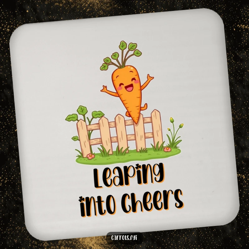 Funny drink coaster featuring an anthropomorphic carrot character joyfully leaping over a miniature garden fence, adding a playful and humorous touch.