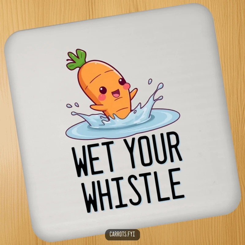 Funny drink coaster featuring a carrot character gleefully splashing in a water puddle, bringing cheerful vibes.