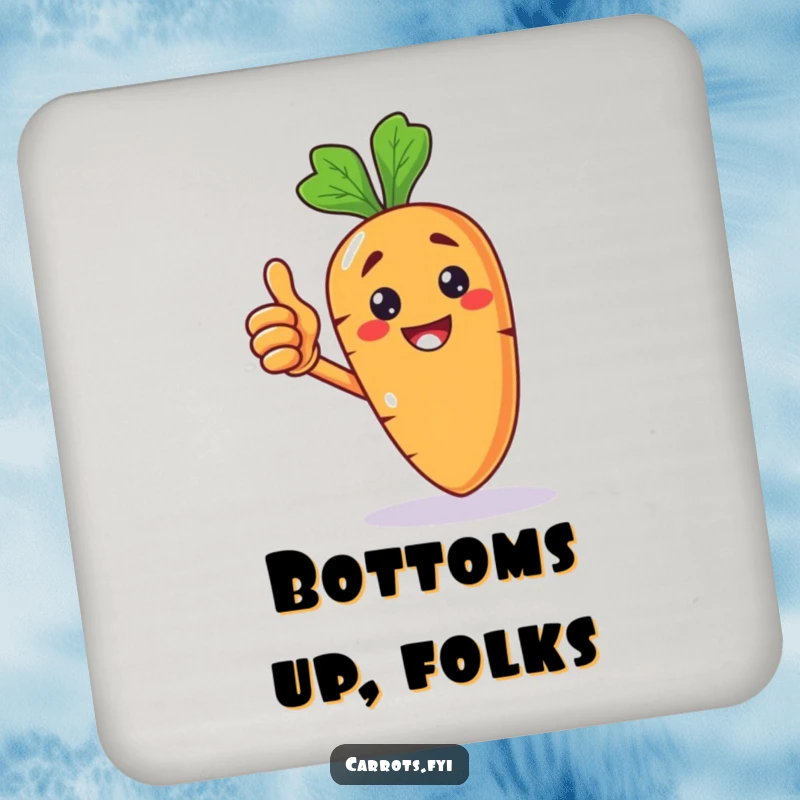 Funny drink coaster featuring a smiling anthropomorphic carrot character giving a proud thumbs up, protecting surfaces with style.