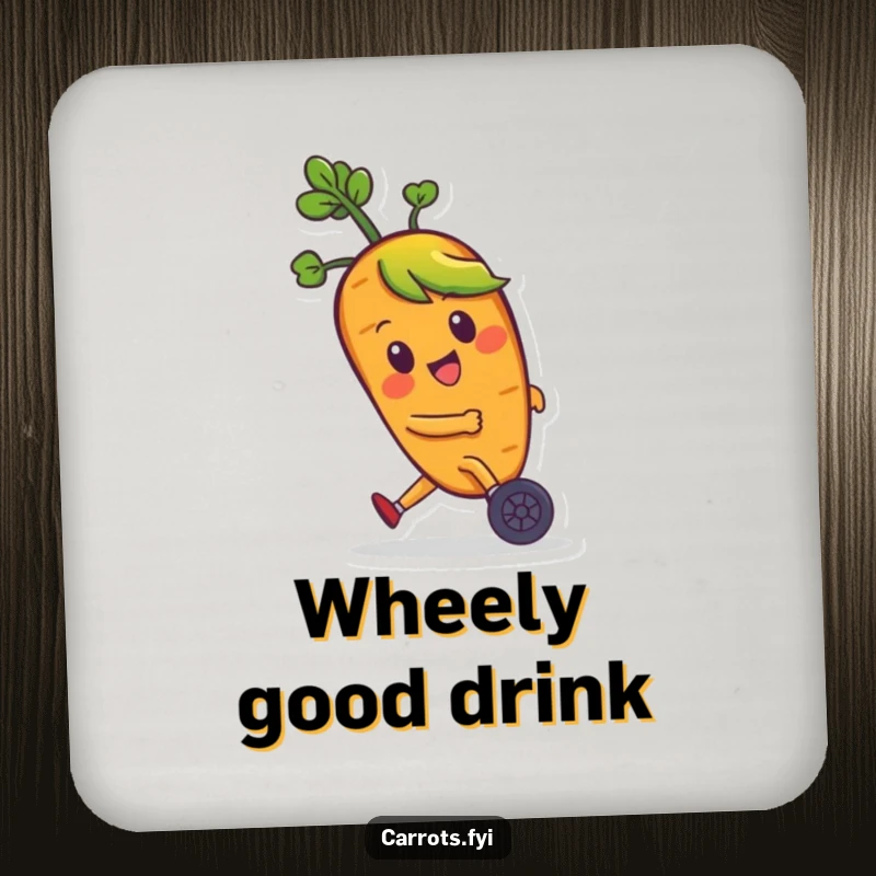 Funny drink coaster with a happy carrot character with leafy hair zooming on small wheels, adding a splash of humor to your table.