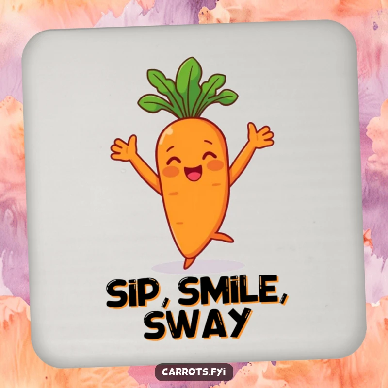 Funny carrot character dancing with arms flair on a drink coaster, adding veggie humor.
