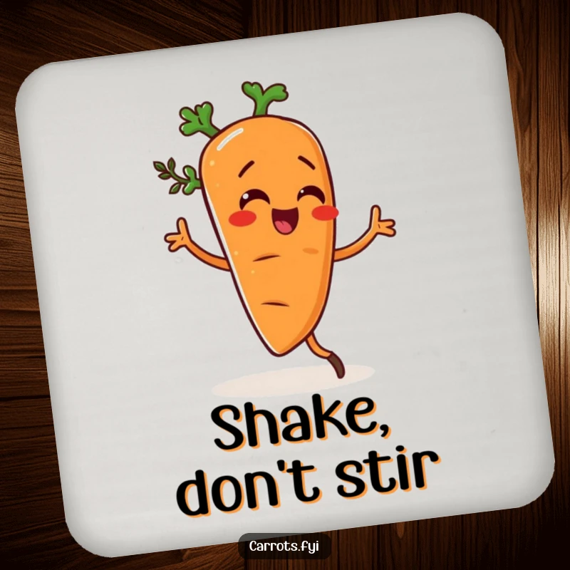 Funny drink coaster featuring a carrot character doing a silly dance, lightly seasoned with herbs, bringing playful vibes.