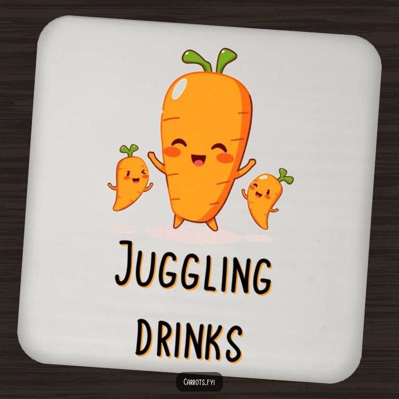 Funny drink coaster with a carrot character playfully juggling three smaller, smiling carrots, adding a touch of whimsical skill.
