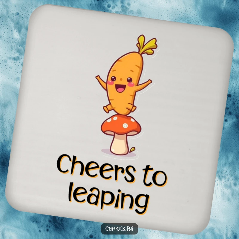 Funny coasters with a graphic of an ecstatic carrot character leaping over a mushroom, conveying energetic movement and lighthearted fun.