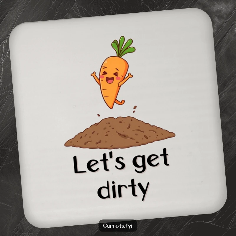 Funny drink coaster featuring a carrot character leaping into soil, bringing garden humor and surface protection.