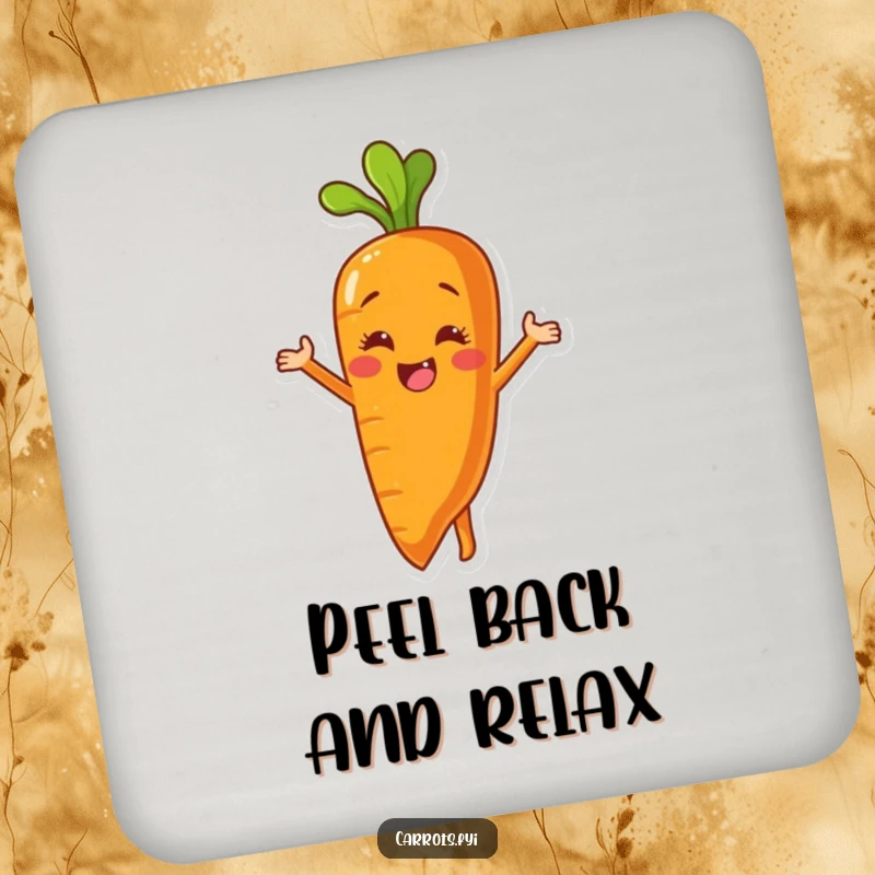 Funny drink coaster showing a carrot character peeling itself to reveal a bright, smiling inner surface, bringing humor.