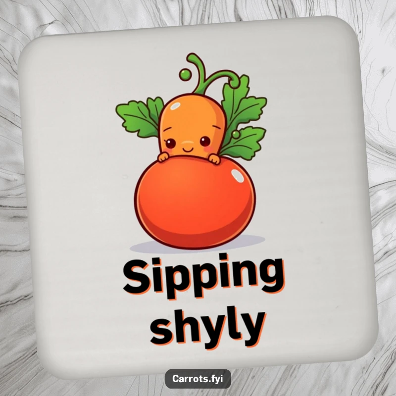Funny drink coaster with a shy carrot character peeking from behind a plump tomato with a hopeful smile, adding gentle charm.