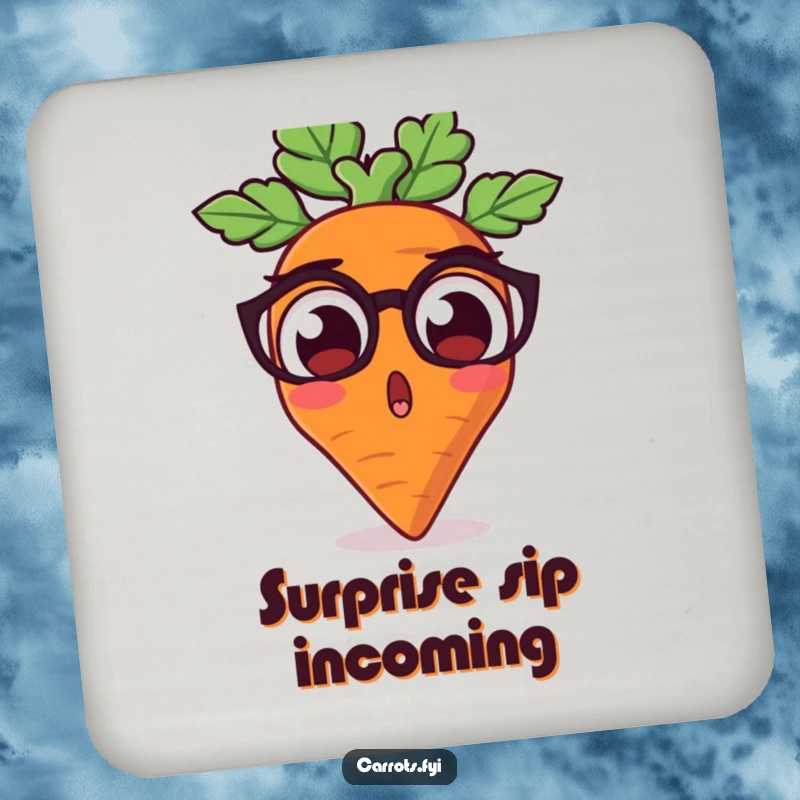 Funny drink coaster with a carrot character wide-eyed in surprise, protecting surfaces with humorous veggie charm.