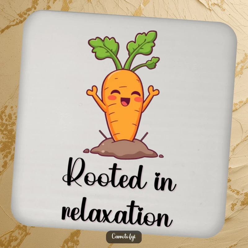 Funny carrot drink coaster showing a triumphant carrot character emerging from the ground, adding a humorous touch to tabletops.