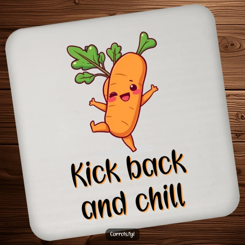 Funny drink coaster showing a carrot character in a playful kick, adding a dynamic touch to surfaces.