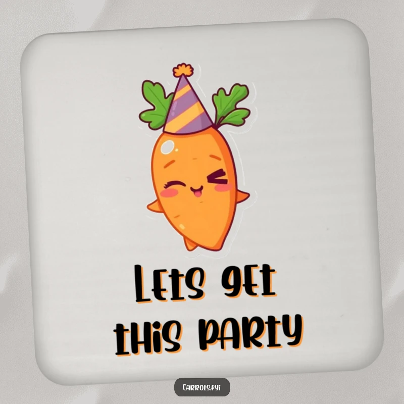 Funny set of 4 drink coasters featuring a winking carrot in a party hat, protecting surfaces with humorous charm.
