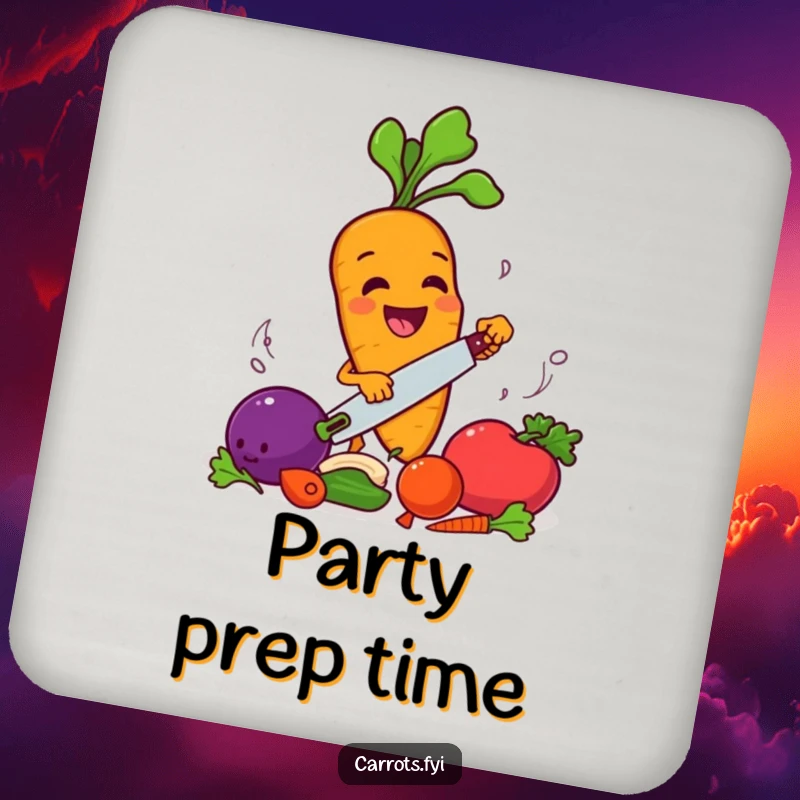 Funny carrot character smiling and chopping vegetables, a set of humorous drink coasters.