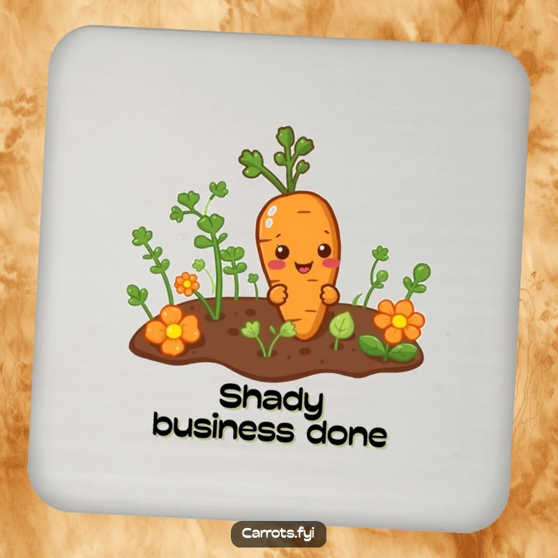 Funny drink coaster with a mischievous carrot character peeking from a garden patch, protecting surfaces with playful veggie charm.