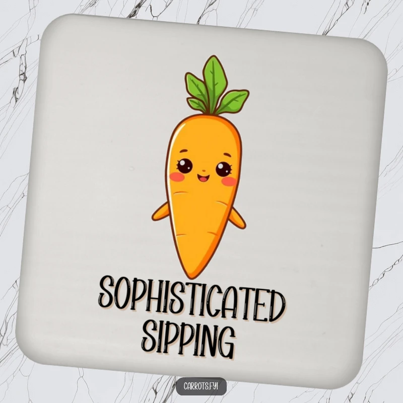 Funny drink coaster featuring a carrot character proudly wearing a small sprout hat, adding a stylish touch.