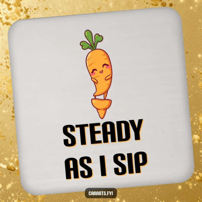Funny drink coaster depicting a winking carrot performing a balancing act on a carrot tip, adding playful decor.