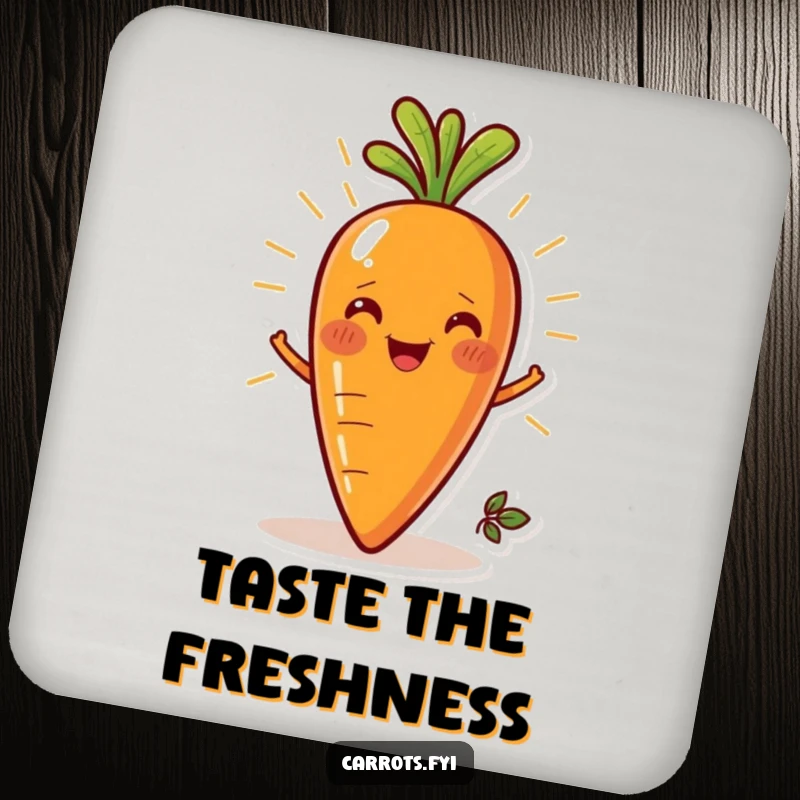 Funny coaster featuring a smiling carrot character, embodying freshness and protecting surfaces with a radiant grin.