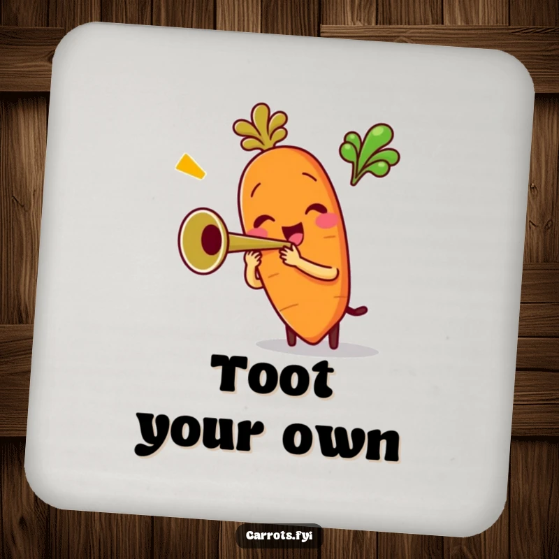 Funny drink coaster set with an anthropomorphic carrot character enthusiastically playing a miniature trumpet, offering humorous surface protection with a musical flair.