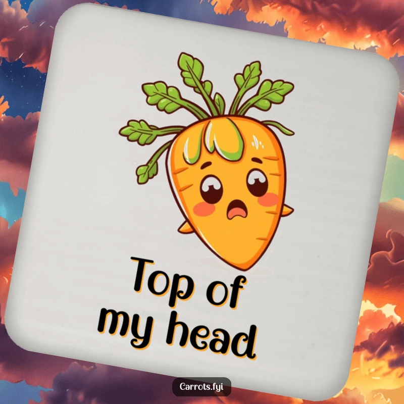 Funny drink coaster depicting a carrot with a shocked expression and wild green leafy hair, adding humor to coasters.
