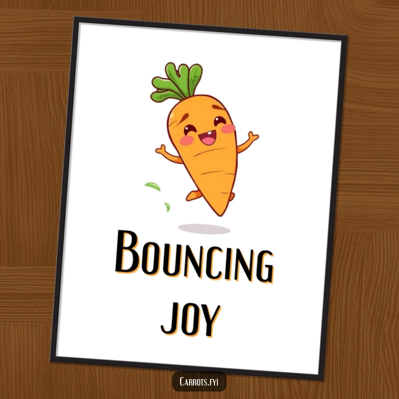 Funny poster art of a happy carrot character with a wide grin bouncing playfully, leaving a trail of fresh scent, full of cheer.